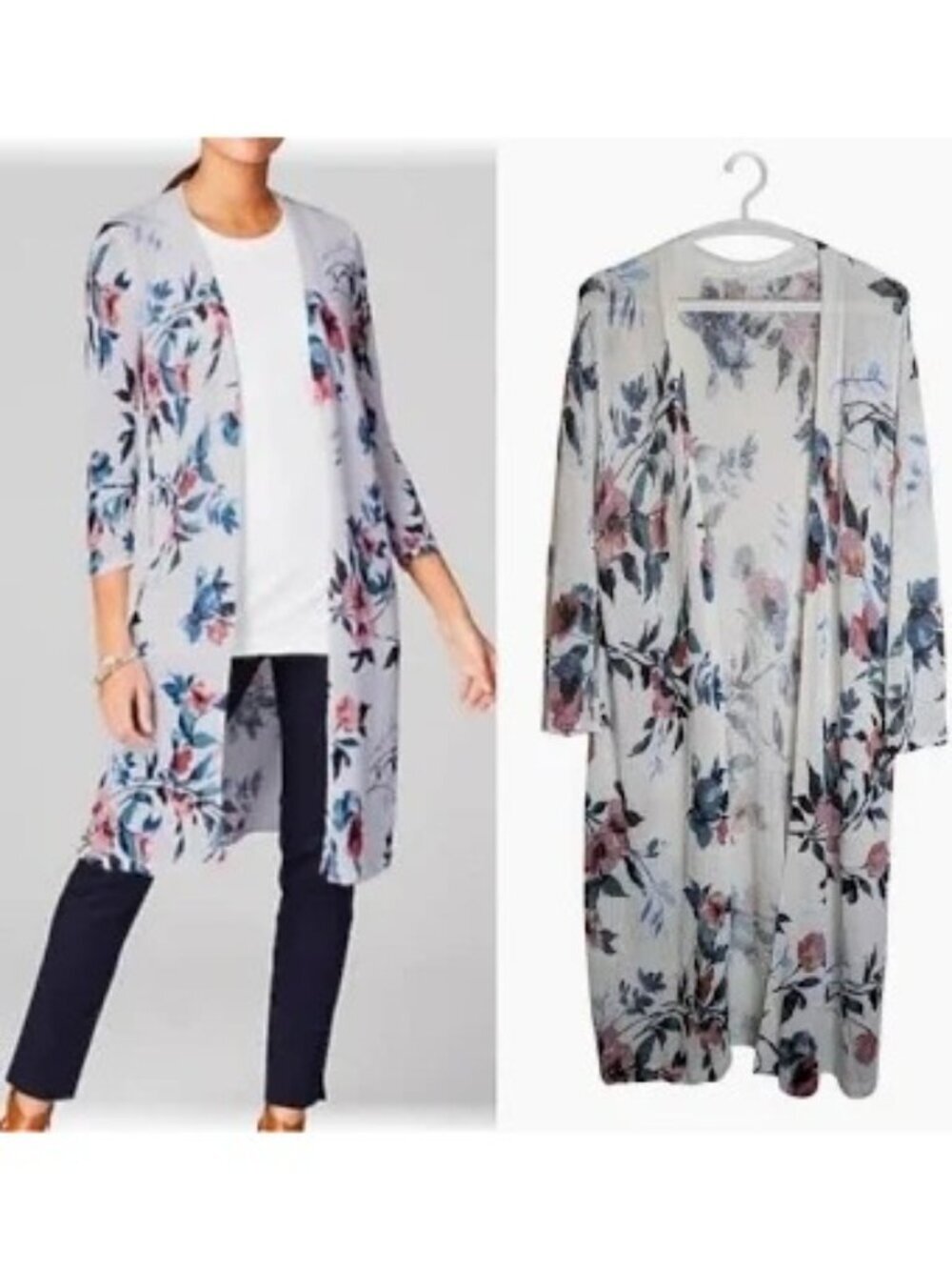 J. Jill Floral Linen Open Duster Cardigan Size Large White Spring Watercolor